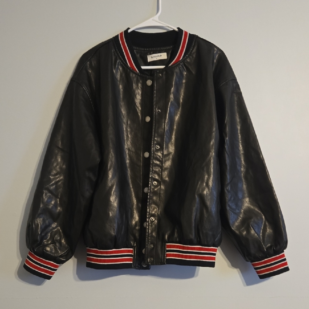 Buttermelon Black Faux Leather Varsity Bomber Jacket with Red & White Trim